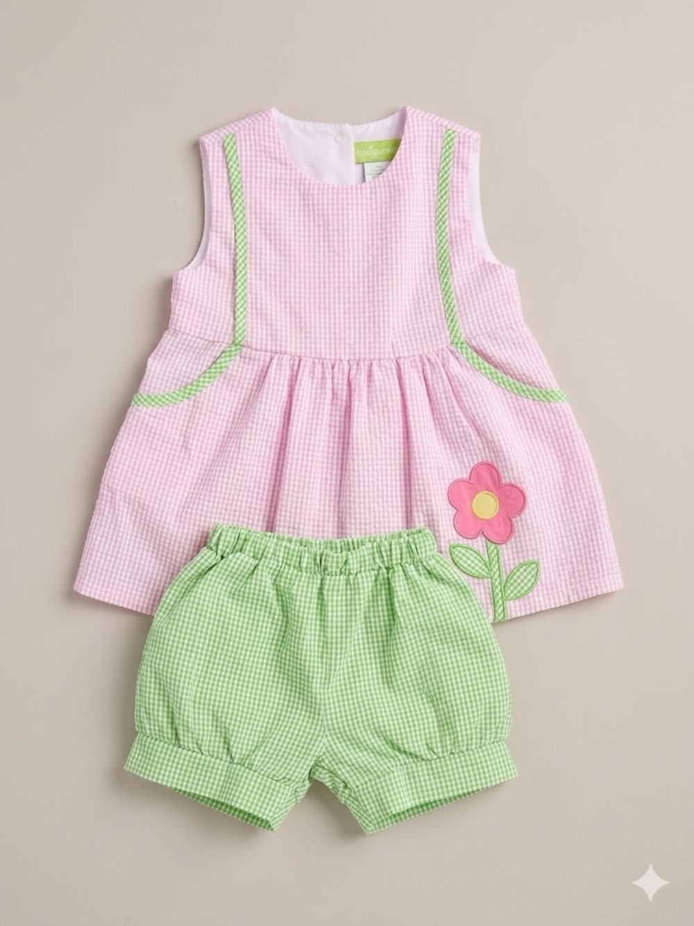 Pink & Green Flower Seersucker outfit Set - Kids size 5 Classic Whimsy